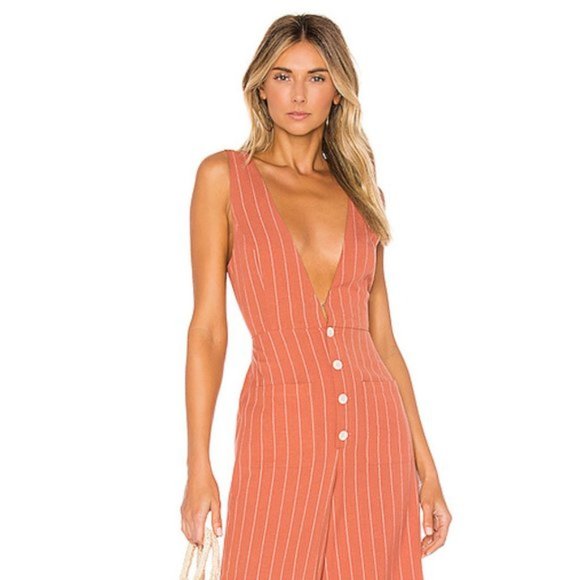 Tularosa Frankie Deep V-Neck Sleeveless Pinstripe Linen Jumpsuit Clay XXS NWT - Picture 9 of 9